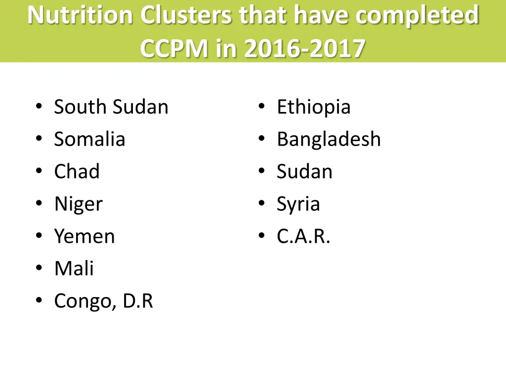 nutrition clusters that have completed ccpm