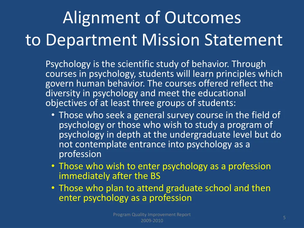 alignment of outcomes to department mission