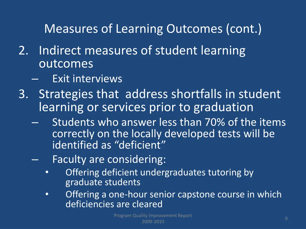 measures of learning outcomes cont
