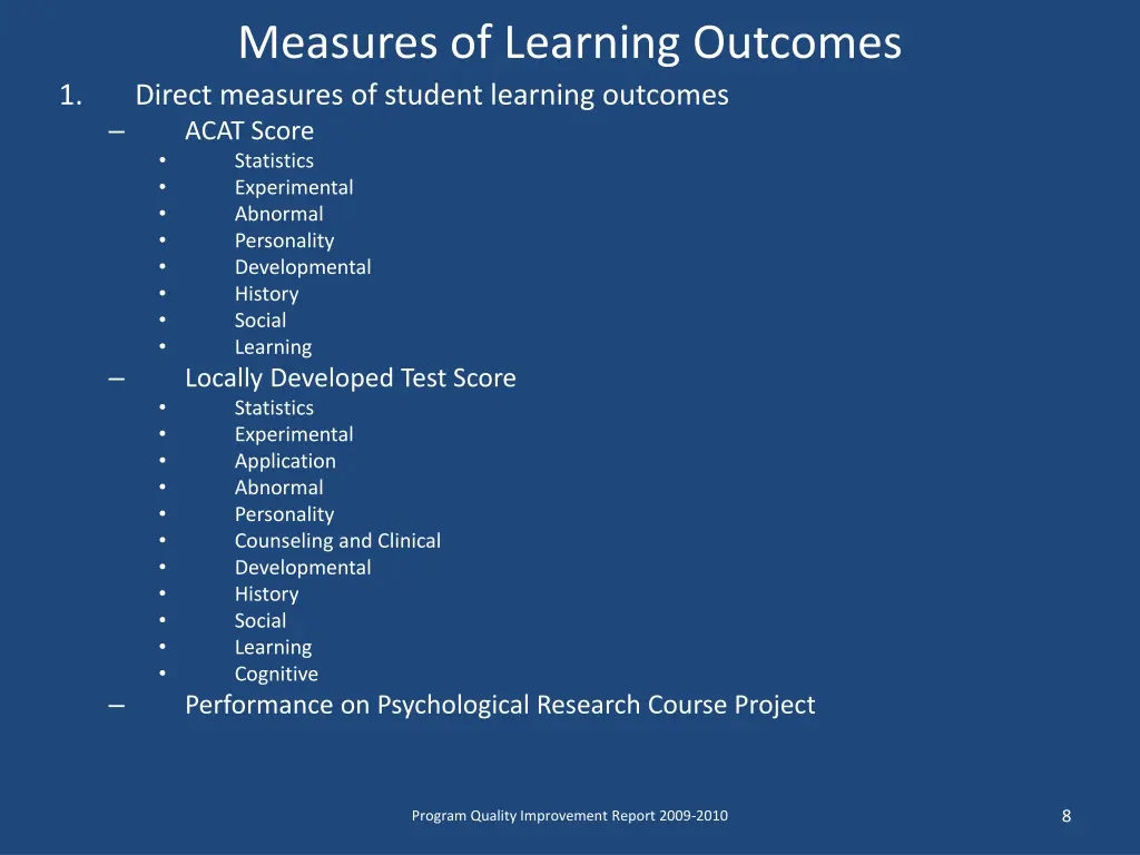 measures of learning outcomes direct measures