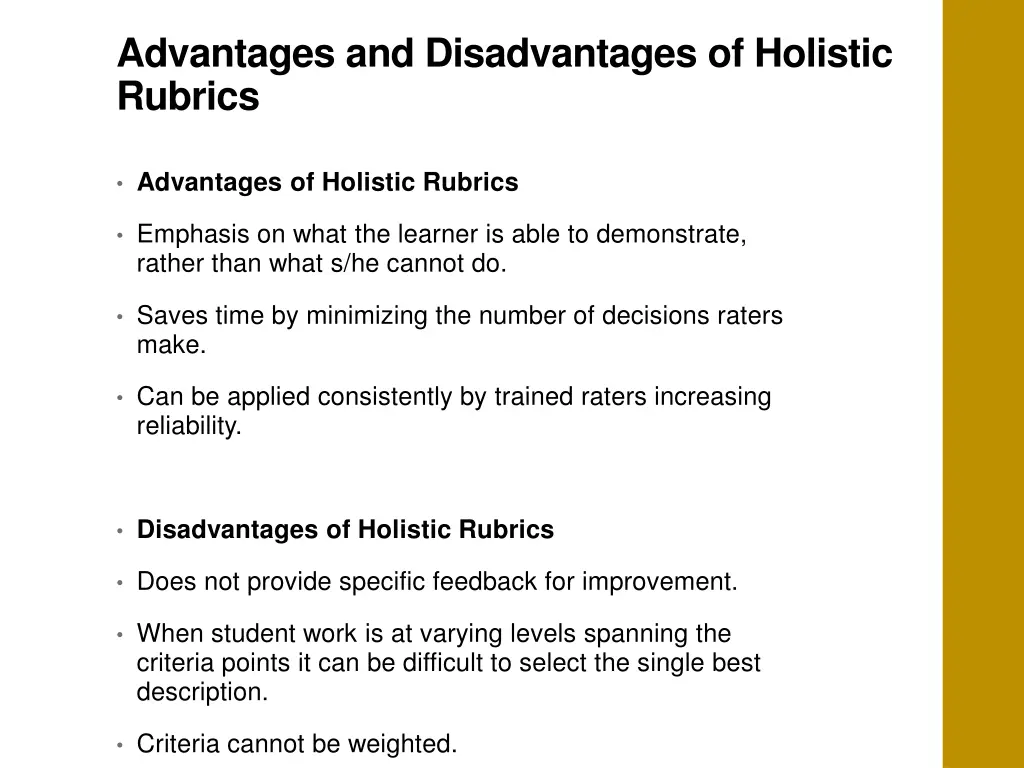 advantages and disadvantages of holistic rubrics