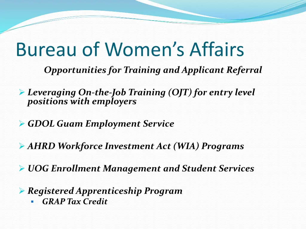bureau of women s affairs opportunities