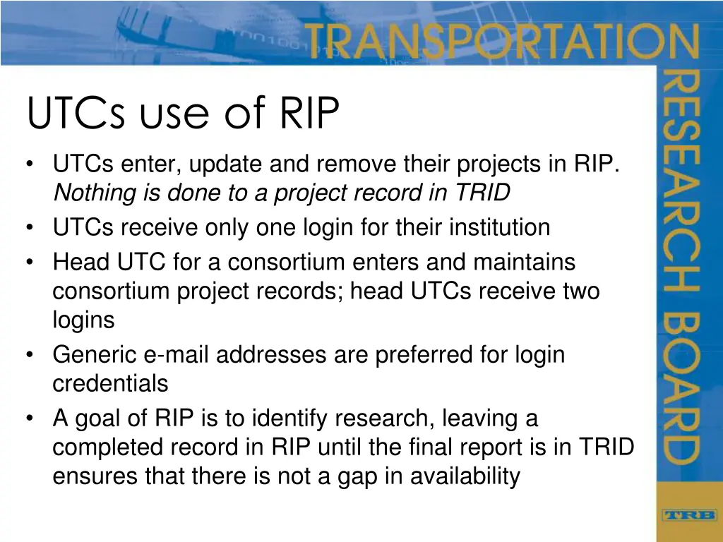 utcs use of rip utcs enter update and remove