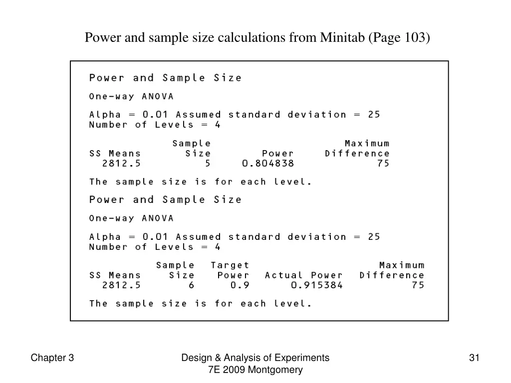power and sample size calculations from minitab