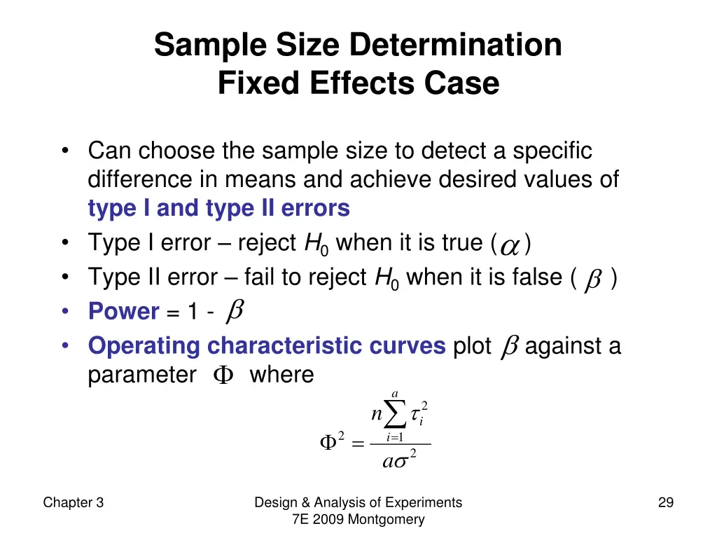 sample size determination fixed effects case