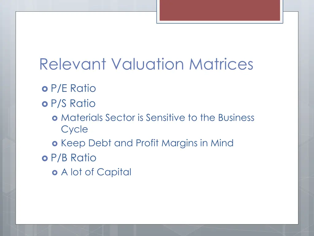 relevant valuation matrices