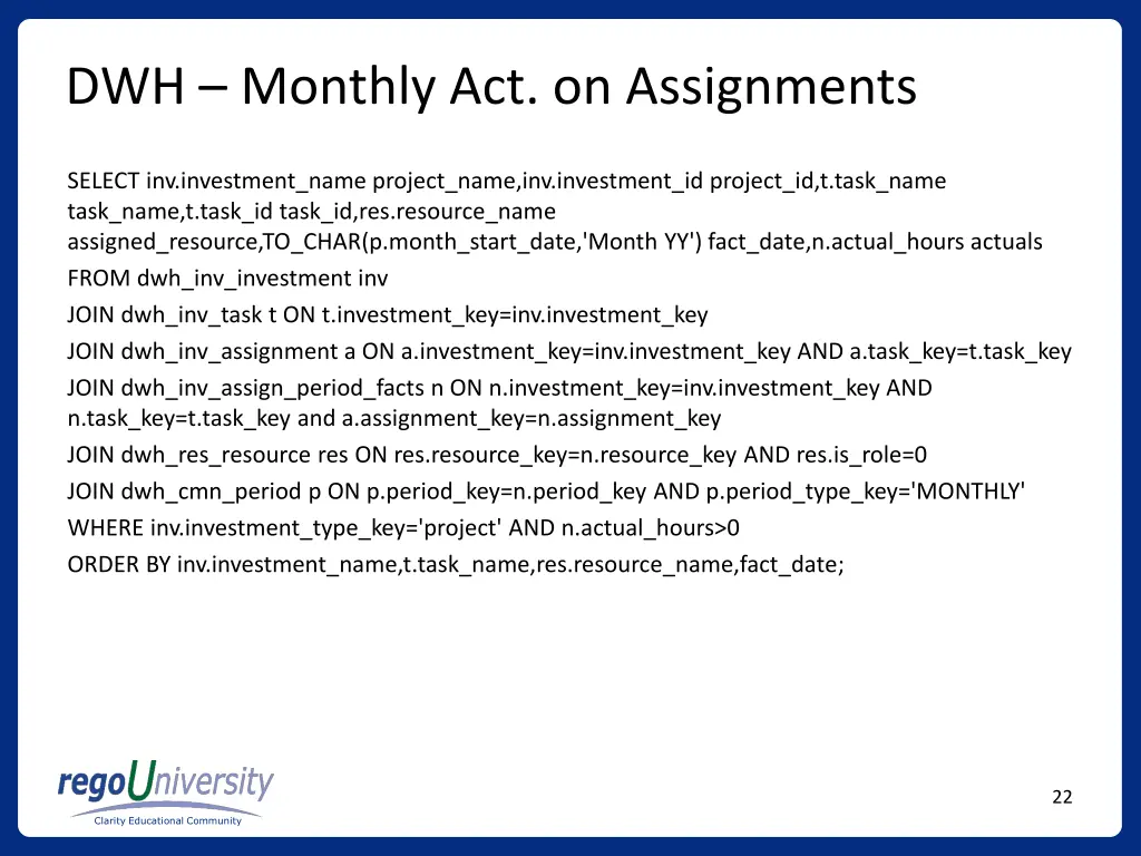 dwh monthly act on assignments