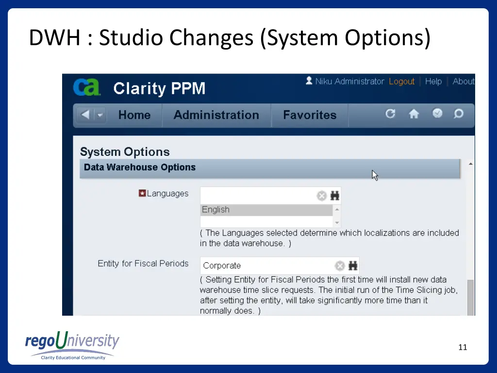dwh studio changes system options