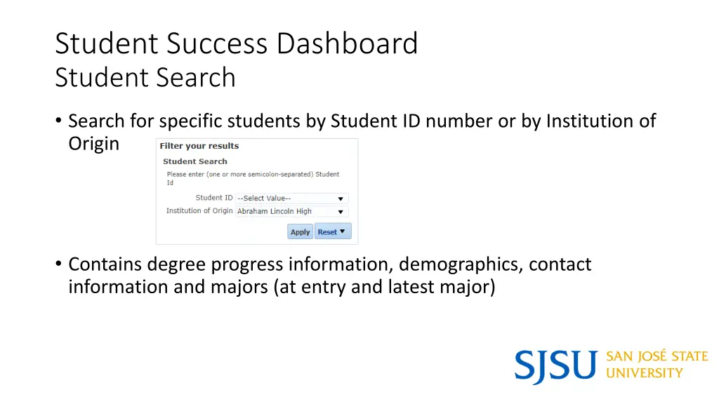 student success dashboard student search