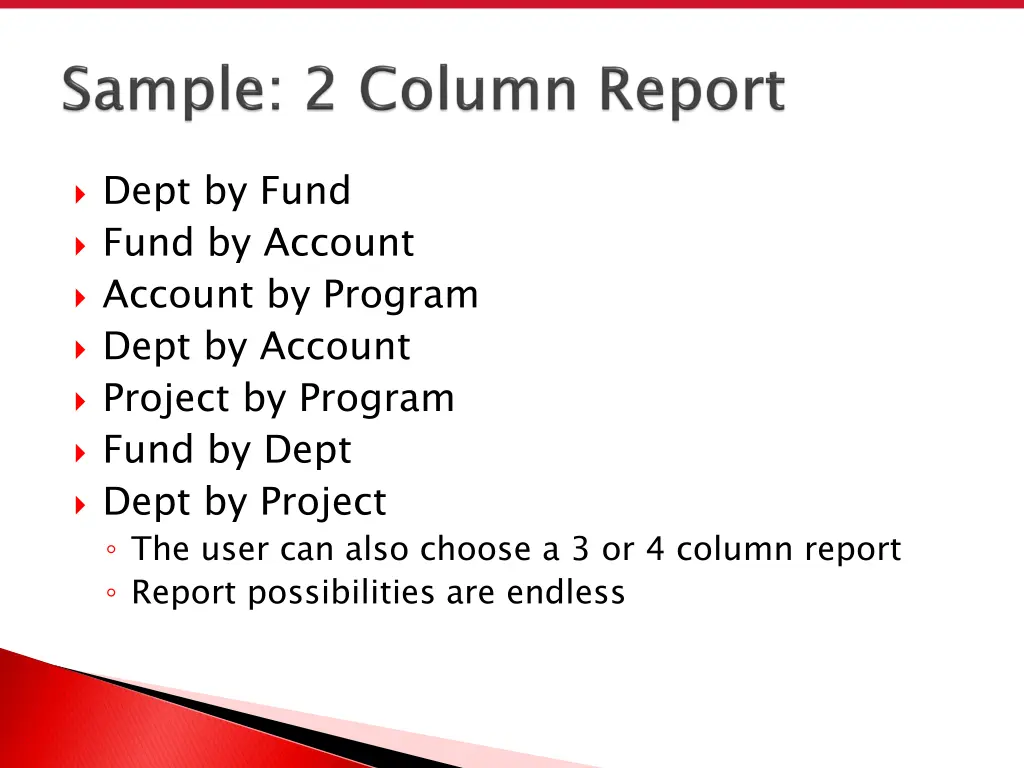 dept by fund fund by account account by program