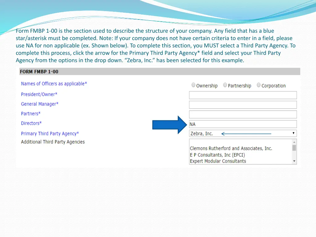 form fmbp 1 00 is the section used to describe