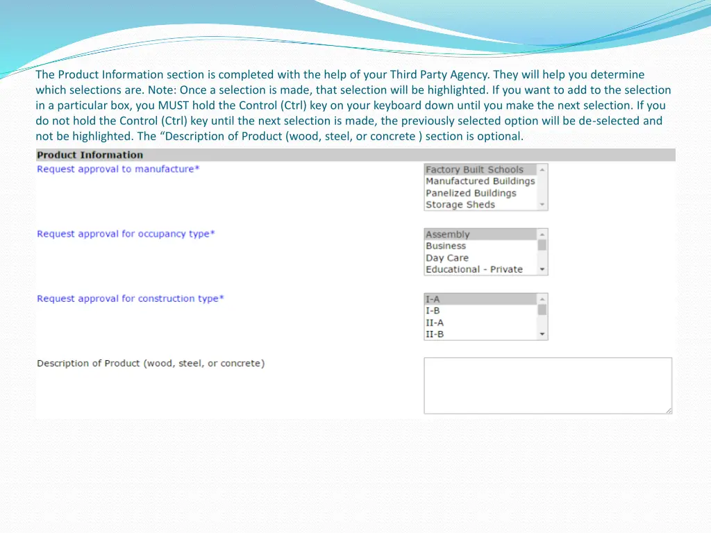 the product information section is completed with