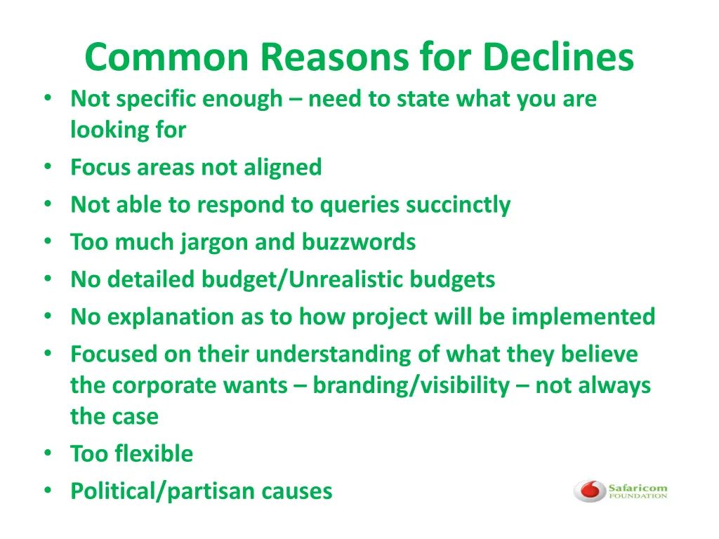 common reasons for declines not specific enough