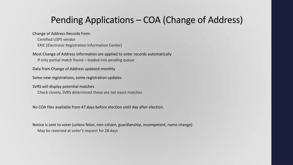 pending applications coa change of address