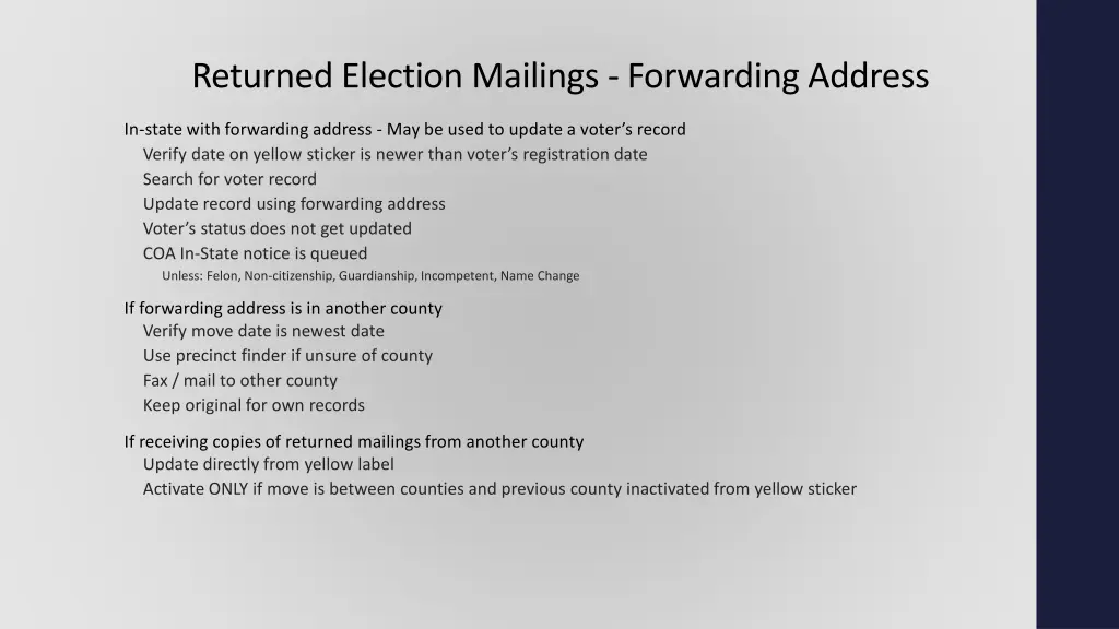 returned election mailings forwarding address