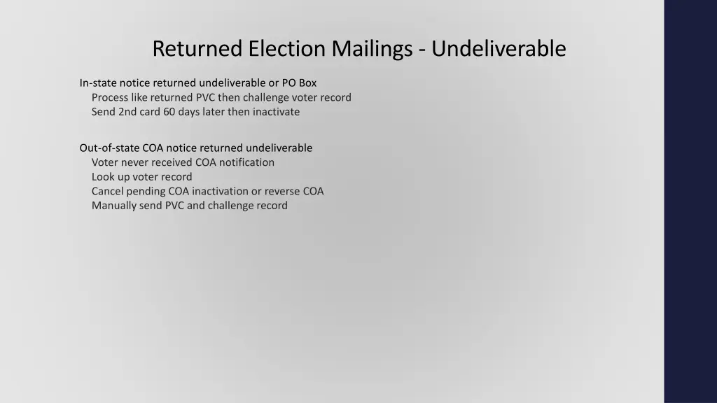 returned election mailings undeliverable