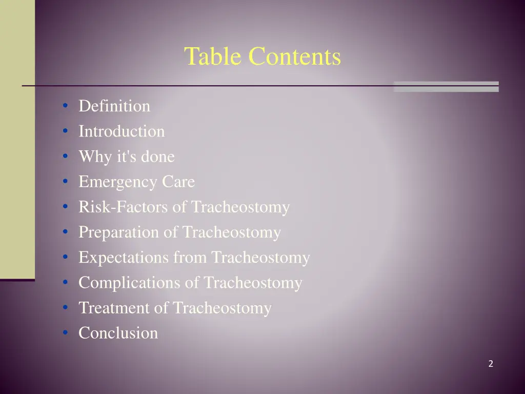 table contents