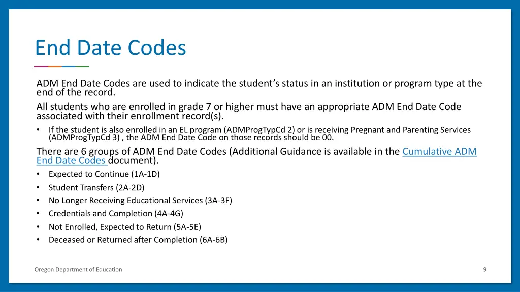 end date codes