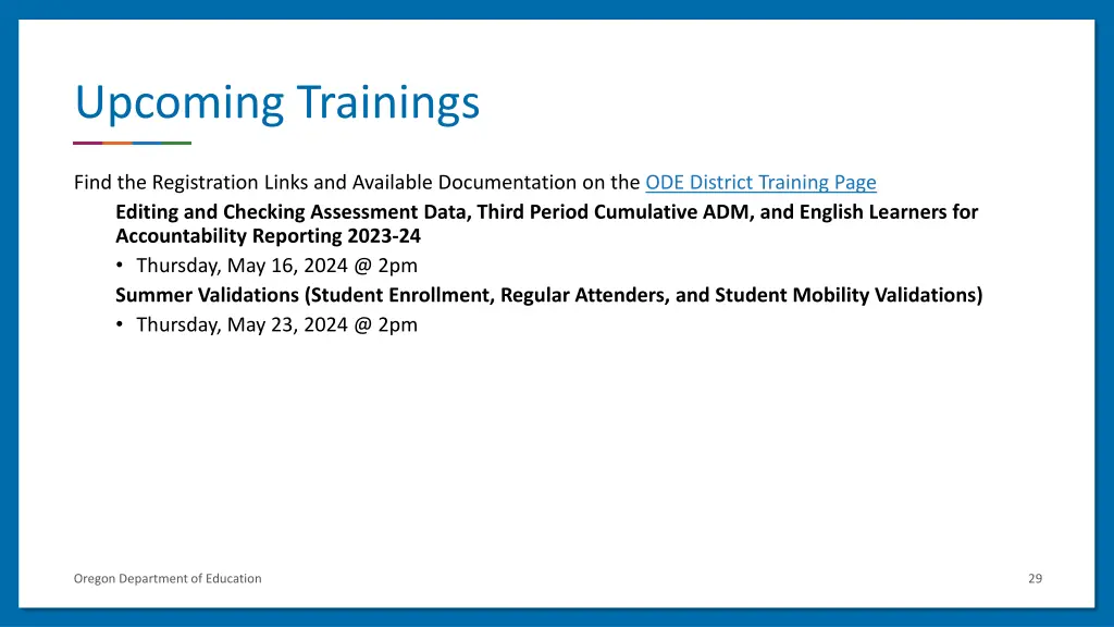 upcoming trainings