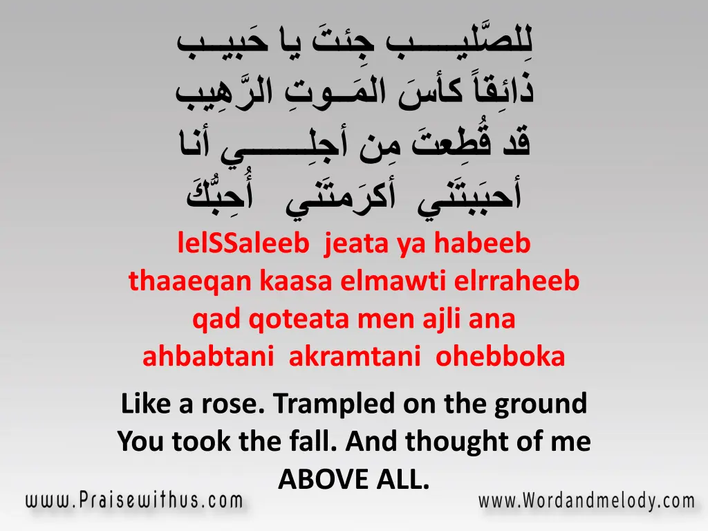 lelssaleeb jeata ya habeeb thaaeqan kaasa elmawti