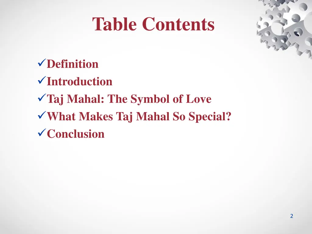 table contents
