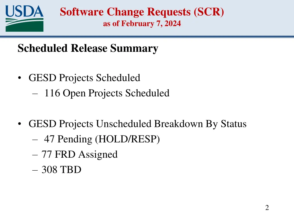 software change requests scr as of february 7 2024