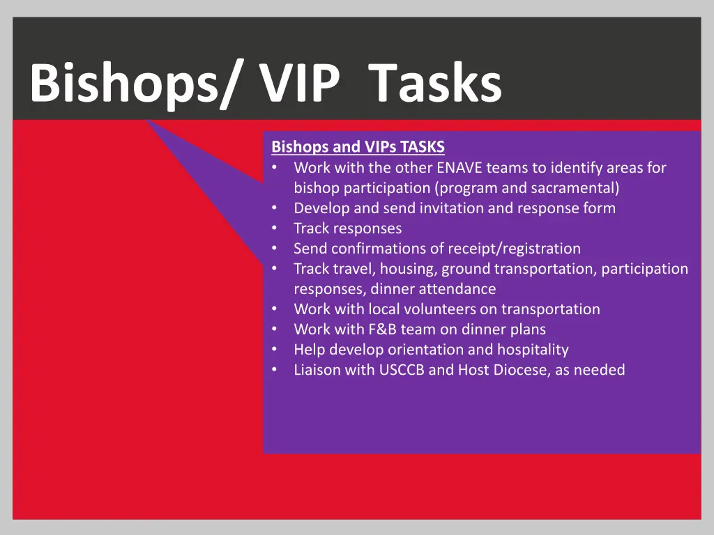 bishops vip tasks