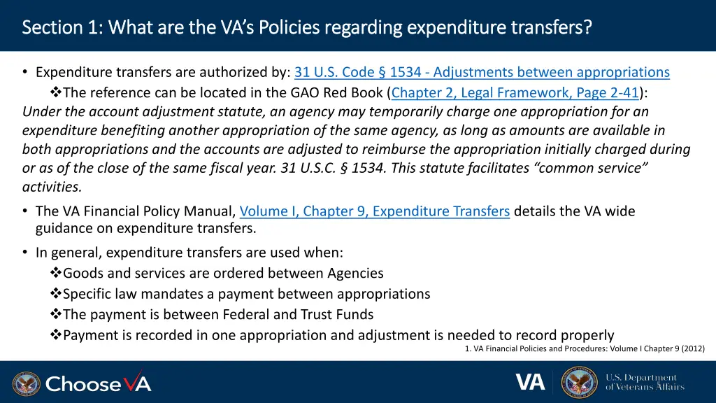 section 1 what are the va s policies regarding