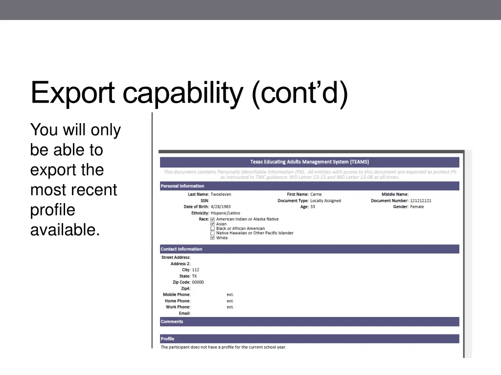 export capability cont d