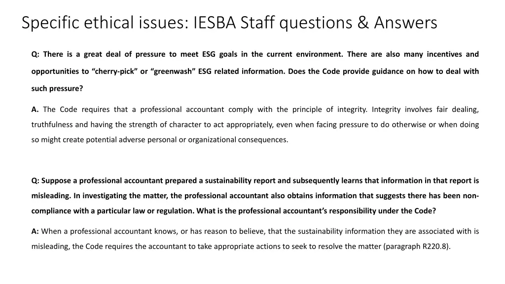 specific ethical issues iesba staff questions 7