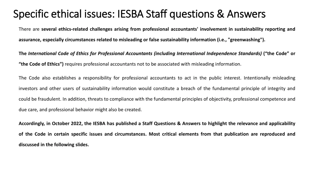 specific ethical issues iesba staff questions