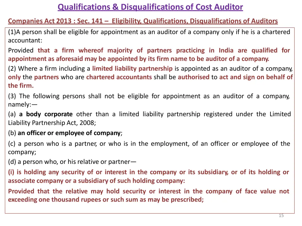 qualifications disqualificationsof cost auditor 1