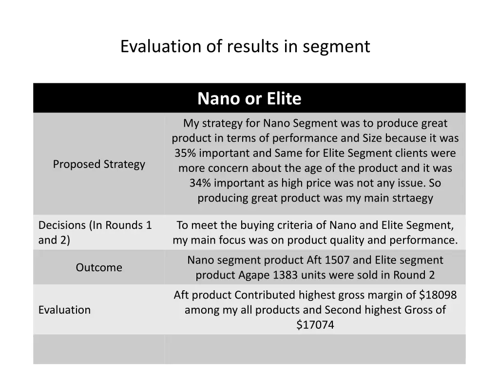 evaluation of results in segment 1