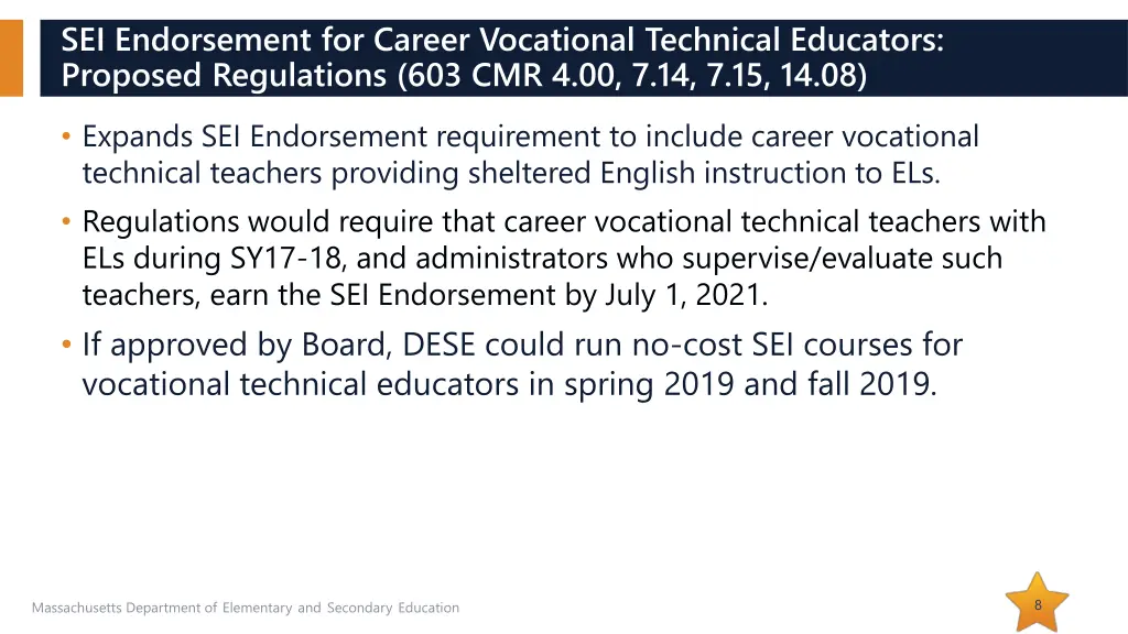 sei endorsement for career vocational technical