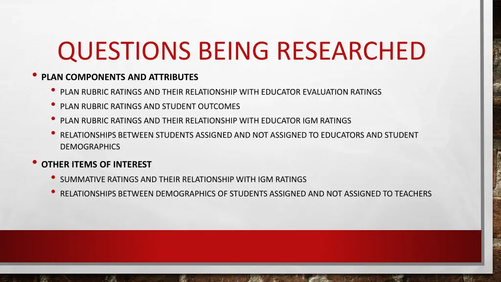 questions being researched plan components