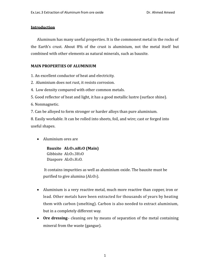 ex lec 3 extraction of aluminum from ore oxide
