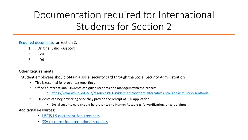 documentation required for international students
