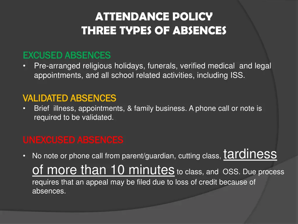 attendance policy three types of absences