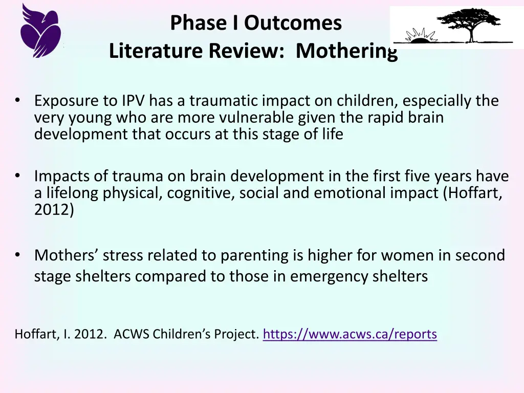 phase i outcomes literature review mothering
