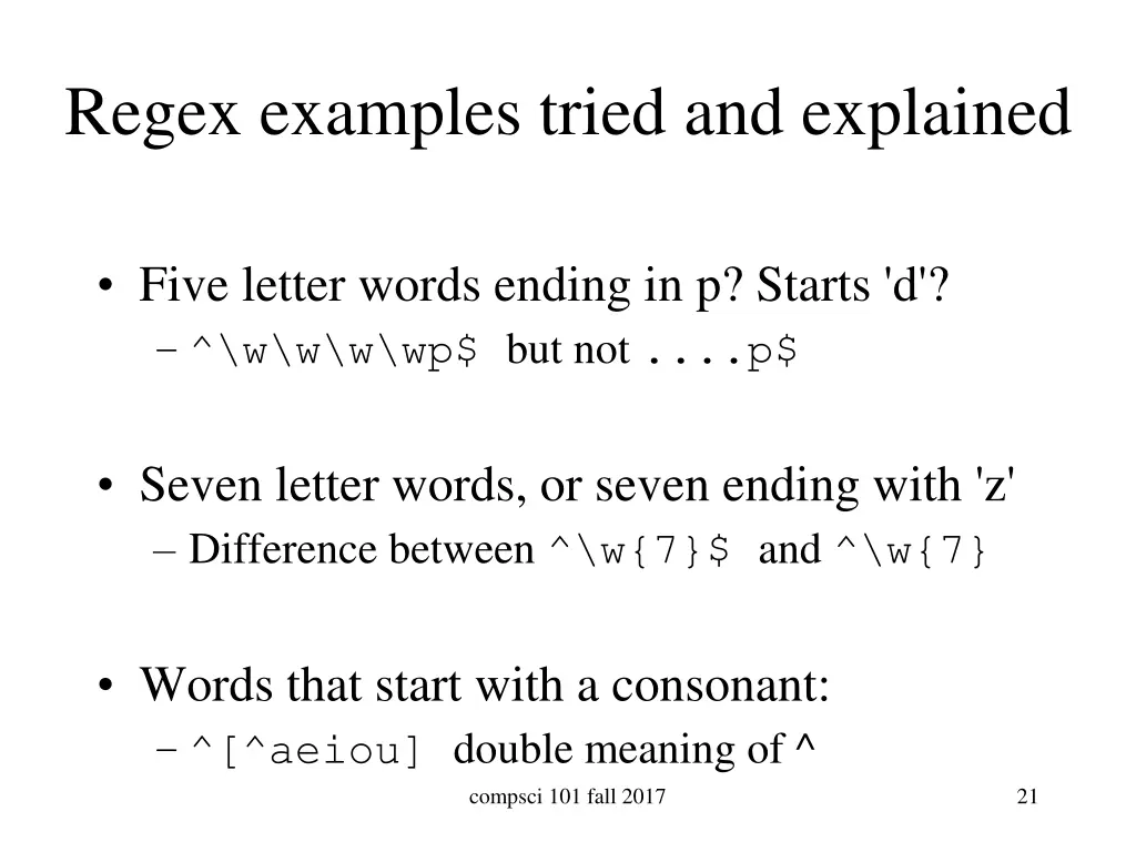 regex examples tried and explained
