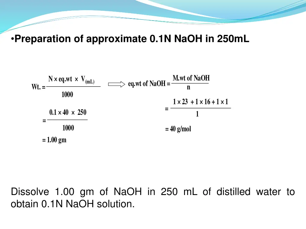 preparation of approximate 0 1n naoh in 250ml