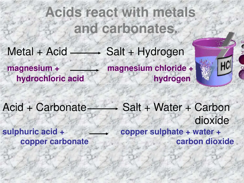 acids react with metals and carbonates