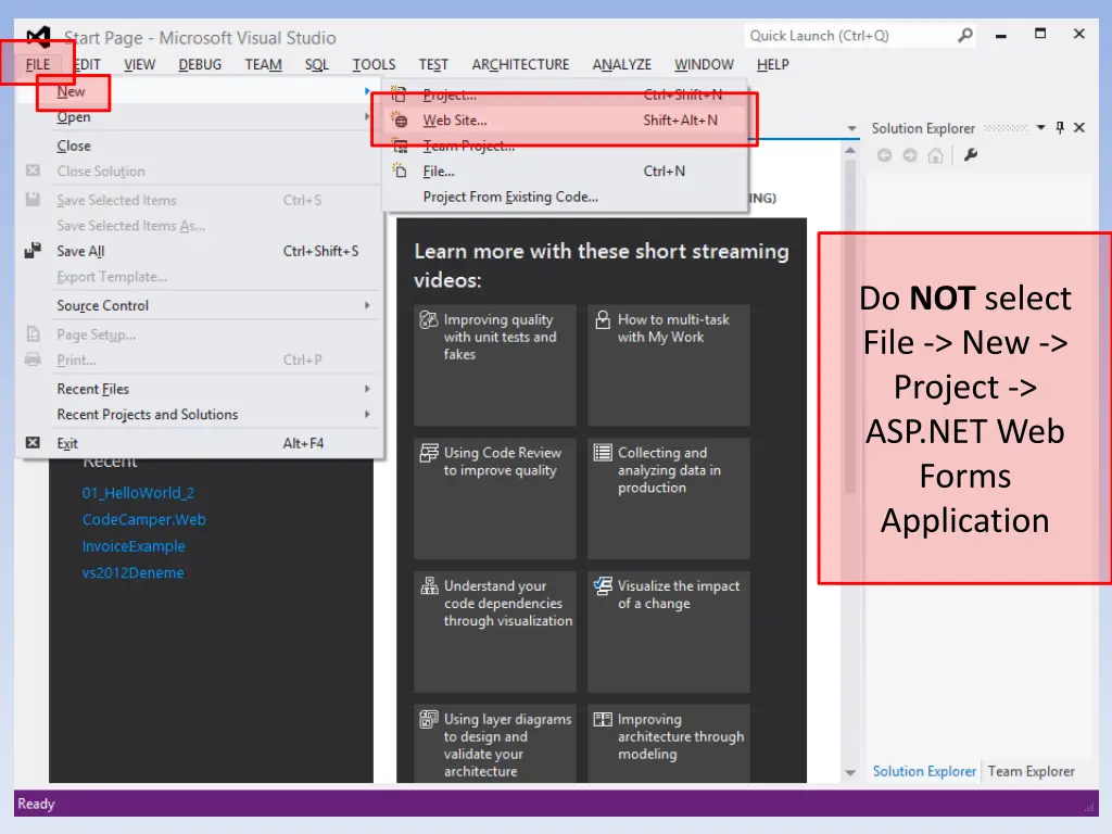 do not select file new project asp net web forms