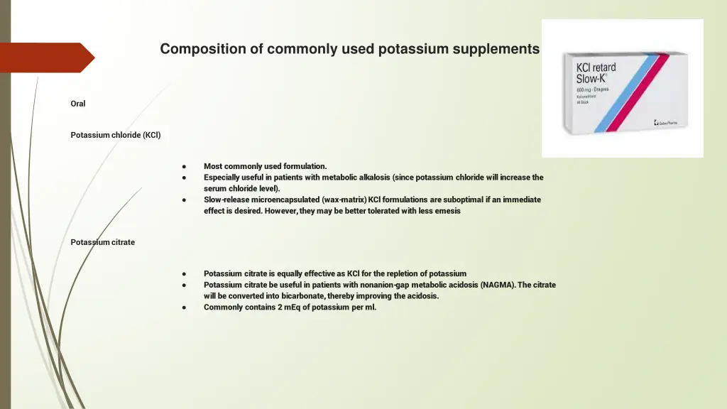 composition of commonly used potassium supplements