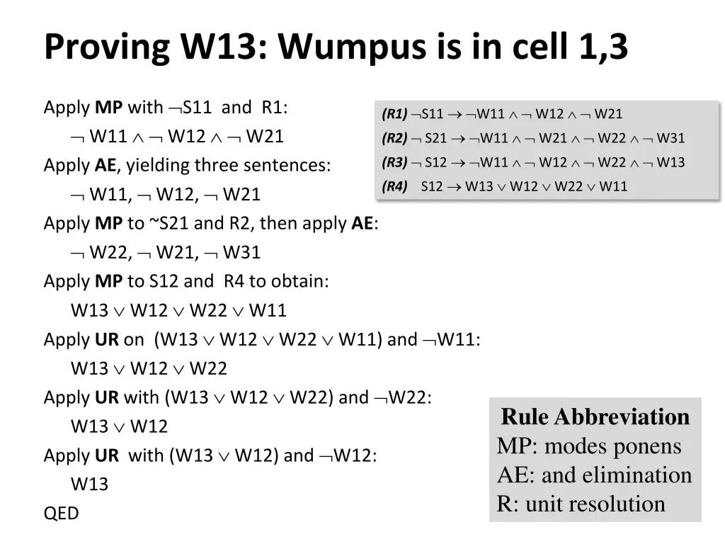 proving w13 wumpus is in cell 1 3