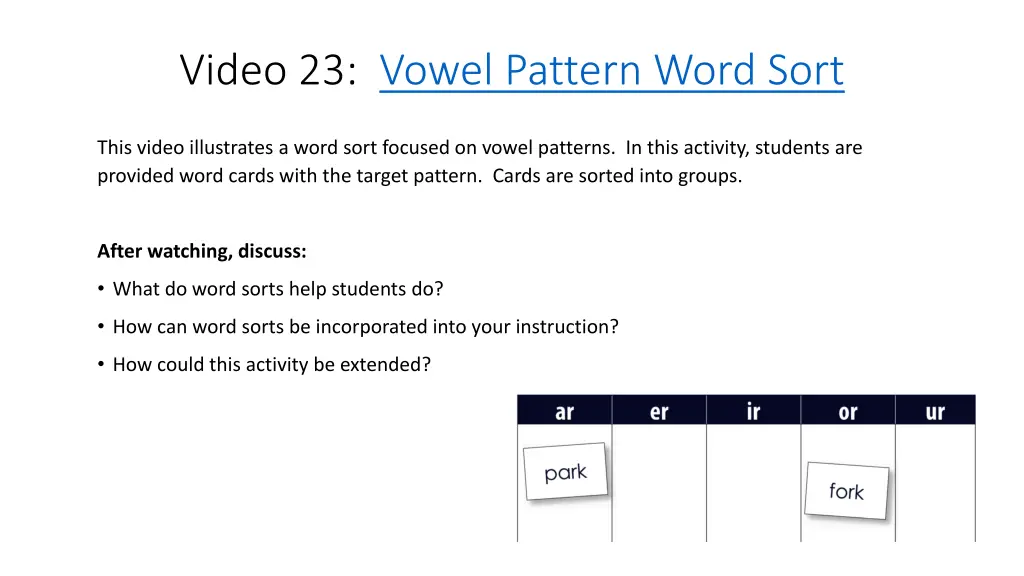 video 23 vowel pattern word sort