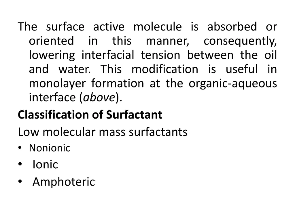 the surface active molecule is absorbed