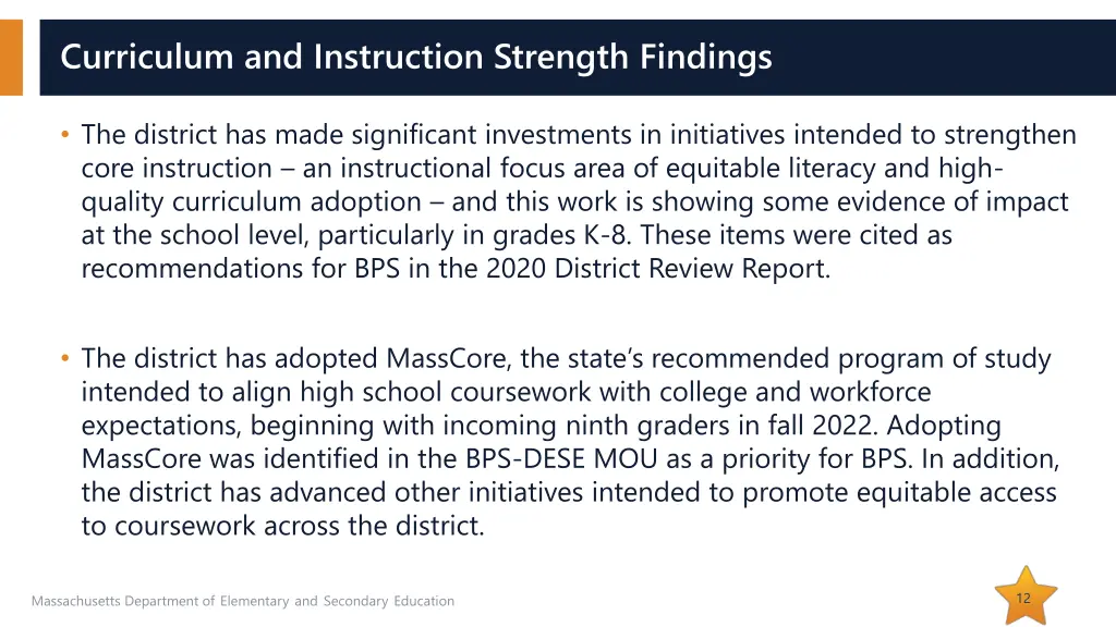 curriculum and instruction strength findings