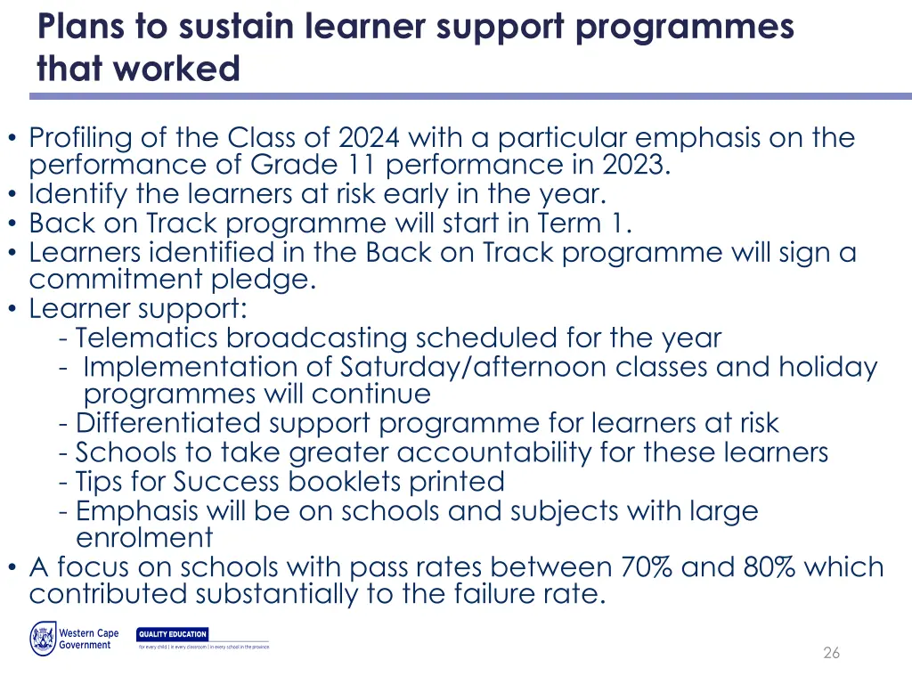 plans to sustain learner support programmes that