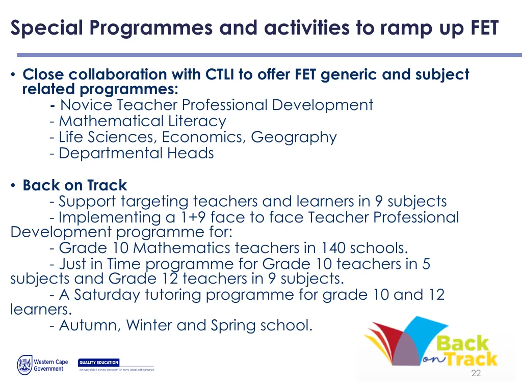 special programmes and activities to ramp up fet